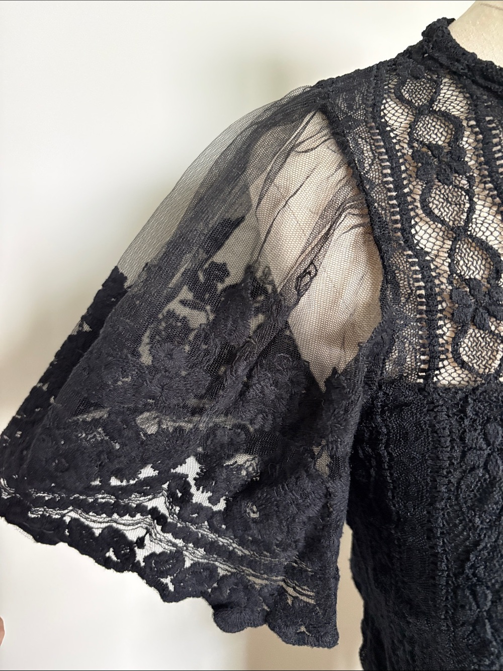 Women's Black Lace Short Sleeve Top with Sheer Back and Sleeves - Picture 7 of 10